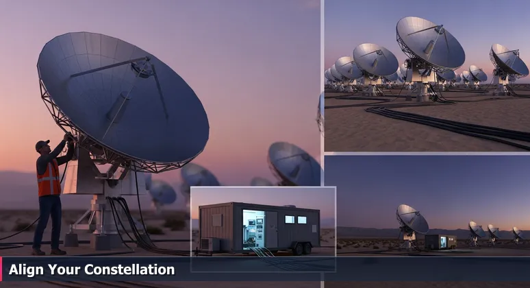 A technician aligning satellite dishes in the Antelope Valley desert at dusk, representing women in tech connecting to support networks in Lancaster, CA
