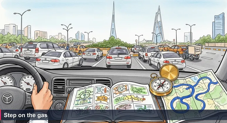 A car waits at the edge of a busy Riyadh roundabout near the King Abdullah Financial District, driver ready to merge into traffic, with the Al Faisal Center in the background.