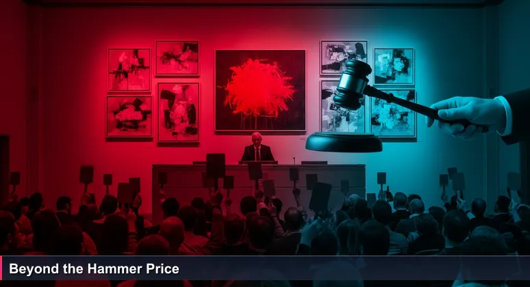 An auctioneer's gavel frozen mid-swing above a block, with a digital display showing SAR 1,150,000 and a crowd of bidders holding numbered paddles in a dimly lit room.