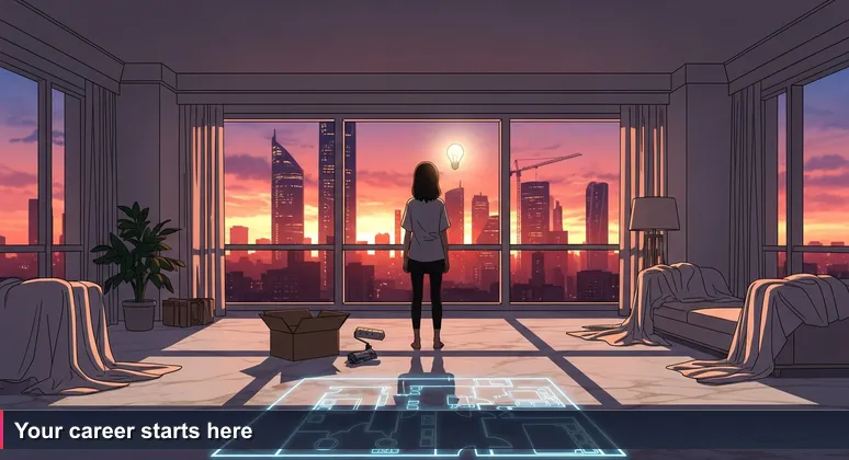 A new apartment in Riyadh with white dust sheets on the floor, a paint roller, and an unopened cardboard box, with a view of construction cranes and towers at sunset.