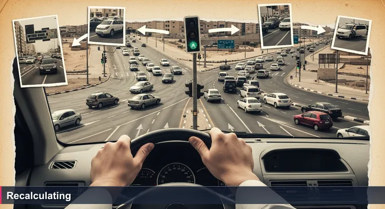 Close-up of driver's hands gripping steering wheel at Riyadh intersection as traffic light turns green, with chaotic merging cars and a GPS saying 'recalculating'.