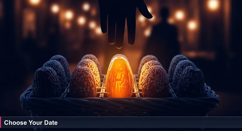 A hand hovering over a woven basket of Medjool dates at a bustling Riyadh souq, with lantern light and shoppers in the background.