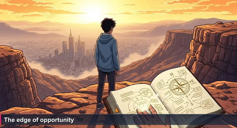 A young Saudi professional stands on the edge of Jabal Fihrayn cliff at sunset, overlooking the vast valley with the Riyadh skyline faintly visible in the distance, representing the accessible opportunity of tech training funding.