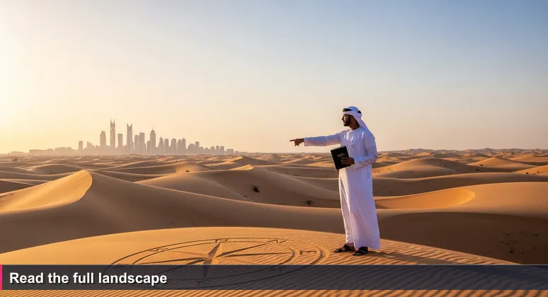 A Bedouin guide stands on a dune ridge at dawn, pointing to a subtle ripple in the sand with the Riyadh skyline faintly visible on the horizon. The wind has erased all tracks, signifying hidden knowledge.