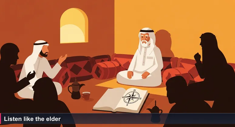 A traditional Saudi majlis at dusk with cushions, qahwa pots, and an older man sitting against the wall listening while others chat.