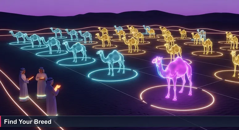 A camel beauty contest at dawn in Riyadh with judges in white thobes circling a camel, clipboards in hand, while other camels wait in the background.