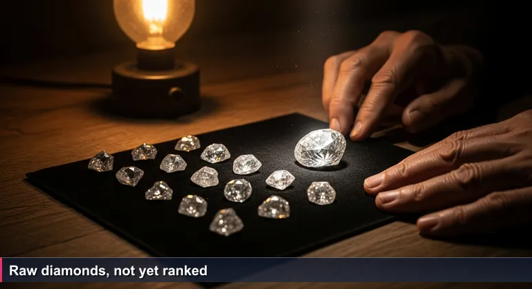 Close-up of a weathered wooden table in Riyadh's al-Dirah souk scattered with raw uncut diamonds on black velvet. An old jeweler's hands gently sort them under a single warm lamp.