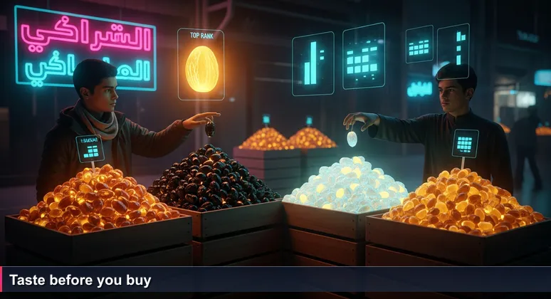 A young Saudi buyer at Riyadh's Central Date Market, hand hovering between mounds of amber ajwa and dark sugai dates, with wooden crates and golden afternoon light, symbolizing the choice of a tech bootcamp.