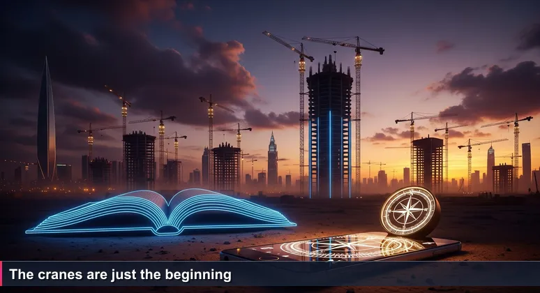 Riyadh skyline at sunset with construction cranes and a smartphone showing a job alert for cybersecurity roles, symbolizing hidden opportunities beyond visible development.