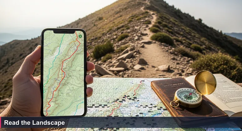 Smartphone held in sunburned hand showing a crisp digital hiking map, with actual steep rocky trail behind under harsh sunlight, illustrating contrast between salary offer and real costs