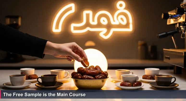 A hand picks a glossy date from a brass bowl on a marble counter with a blurred neon 'Espresso' sign in background