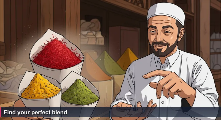A spice merchant in a Riyadh souq holds out three paper cones of saffron, za'atar, and turmeric. A customer's hand hovers above them, hesitant. Dusty light filters through the old wooden ceiling.