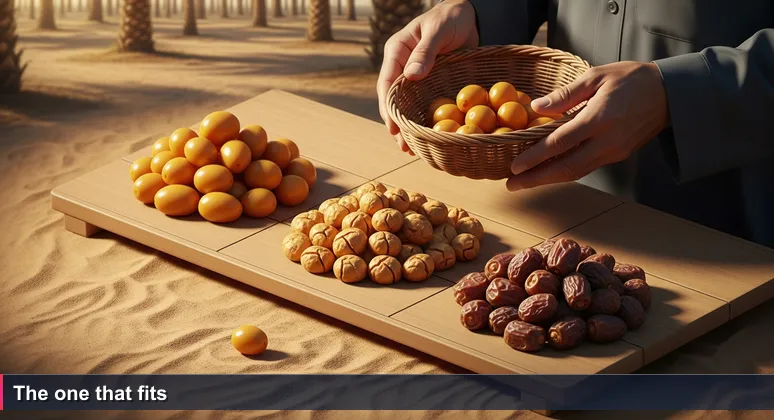 A farmer's weathered hands sorting golden Amber dates into three piles, with a single date fallen in the sand, symbolizing the overlooked choice.