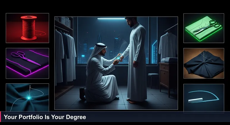 A tailor in Riyadh's Al Batha district making a precise chalk mark on a thobe cuff, symbolizing skill and craftsmanship over formal degrees.