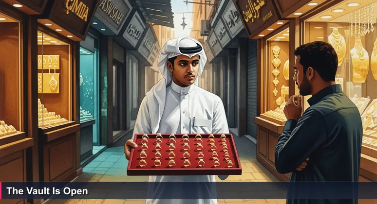 A young man in a thobe holds a velvet tray of gold rings in Riyadh's gold souq at sunset, with a customer hesitating between his tray and bright shop displays behind.