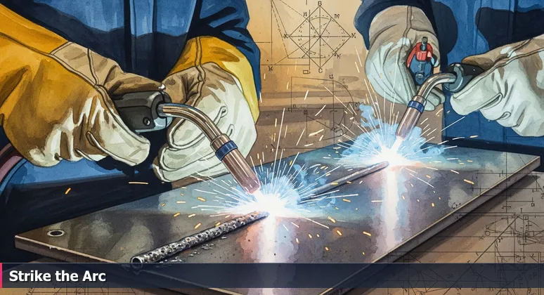 Close-up of apprentice welder's hands with bright arc light, showing a messy weld in focus and a perfect weld in background, symbolizing AI skill mastery in Pittsburgh.