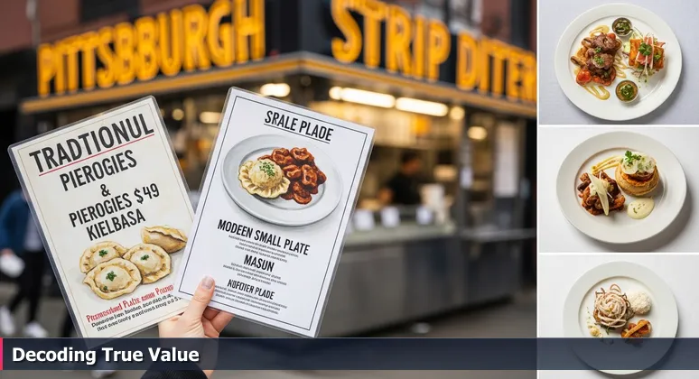 A person holding two different menus at a food stall in Pittsburgh's Strip District, symbolizing the choice between high-paying tech job offers.