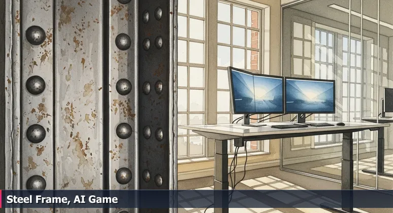 A close-up of an historic steel beam in a modern Pittsburgh tech office, with monitors displaying AI code, symbolizing the city's blend of industrial heritage and innovation.