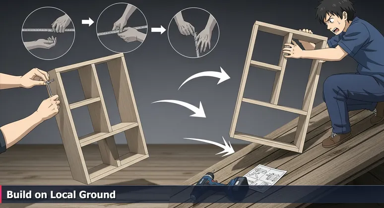 Hands holding a perfectly assembled bookshelf teetering on a sloped, uneven wooden floor, symbolizing building an AI career on Pittsburgh's unique foundation.