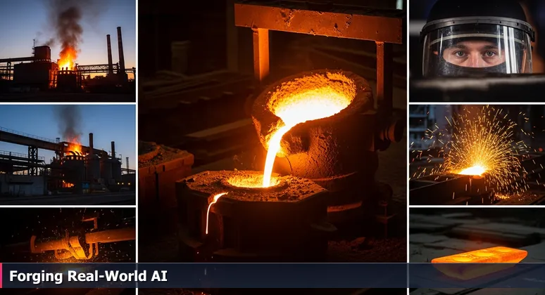 Close-up of molten steel being poured into a casting mold in a historic Pittsburgh steel mill, symbolizing the forging of AI startups from raw research into practical applications.