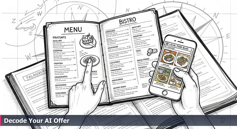 Close-up of hands holding a restaurant menu with a phone showing a food blog review, symbolizing decoding AI salary offers in Pittsburgh.