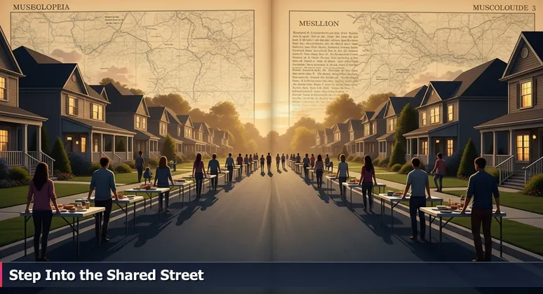 A Pittsburgh street at dusk transforming into a block party with neighbors setting up shared tables, symbolizing AI community networking.