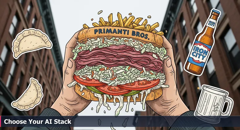 A close-up of a messy Primanti Bros. sandwich in Pittsburgh's Strip District, symbolizing the layered and abundant choices for AI engineers in the local job market.