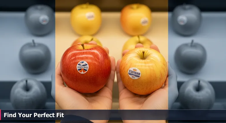 Close-up of hands holding a shiny Honeycrisp apple and a locally-grown Stayman apple in a supermarket aisle, symbolizing tech career choices in Pittsburgh.