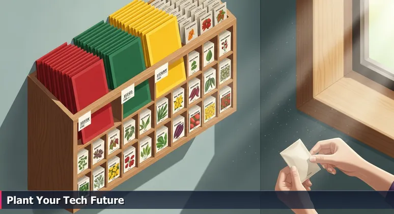 Hands selecting seeds from a wooden seed library box in a Pittsburgh public library, symbolizing free tech training opportunities for career growth.
