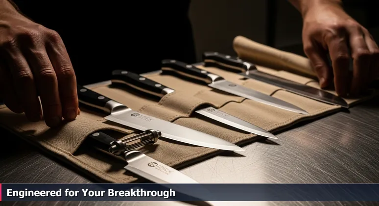 A chef's hands arranging various specialized knives in a leather roll on a stainless steel counter, symbolizing the choice of tech hubs in Pittsburgh.