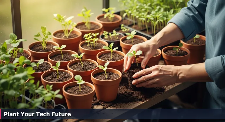 Close-up of gardener's hands planting a seedling in a pot on a sunlit greenhouse bench, symbolizing career cultivation for junior developers in Pittsburgh's tech ecosystem.