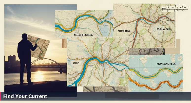 A solitary figure at Pittsburgh's Point State Park at dawn, holding a map of winding river tributaries symbolizing diverse career paths in the women in tech community.