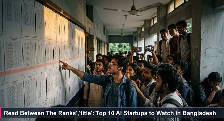 Students crowded around a BUET noticeboard in humid Dhaka, peering at pinned result sheets; a finger traces a cutoff line as others photograph the board.