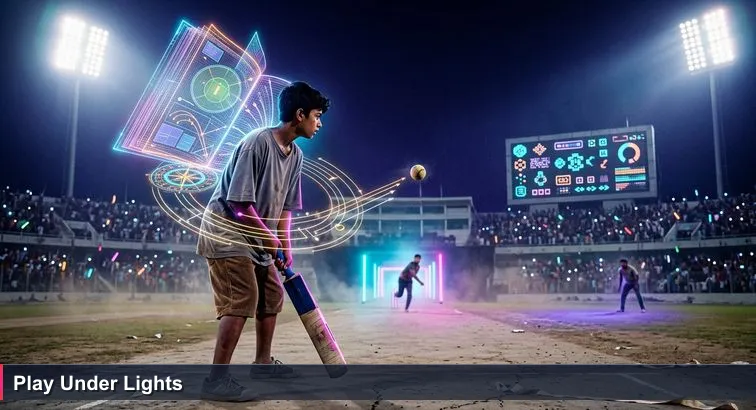 Teenage batter under Mirpur stadium floodlights facing a tense final ball, evoking the pressure of moving from AI tutorials to real-world production work in Dhaka.