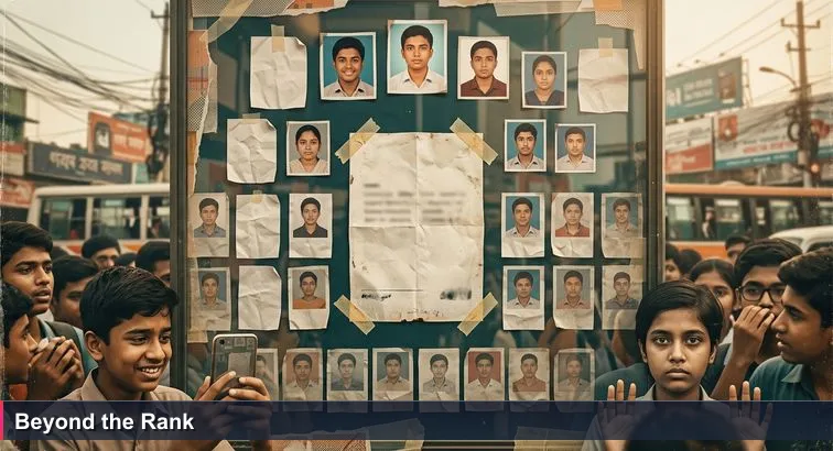 A humid Farmgate afternoon: students crowd a glass noticeboard with a crumpled “Top 10” sheet, fingers tracing names; the tiny fine print is visible but ignored.
