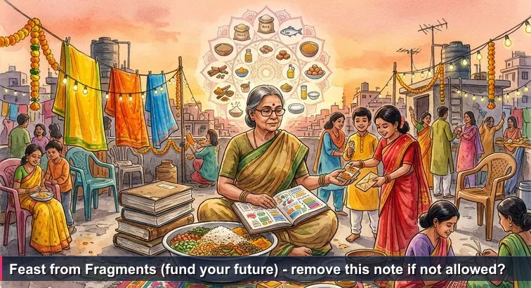 A cramped Dhaka rooftop at sunset during a gaye holud: an older aunt in a faded sari with a steel bowl and a dog-eared notebook as cousins bring rice, spices, and small envelopes of cash.