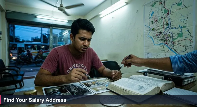 Dhaka real-estate broker’s cramped office at dusk: fluorescent light, fan, young engineer in a faded university T-shirt comparing two apartment listings while traffic blares outside.