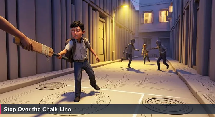 A Mirpur alley at dusk where a schoolboy hesitates as an older player passes a taped cricket bat; chalk lines on cracked pavement, warm streetlight glow.