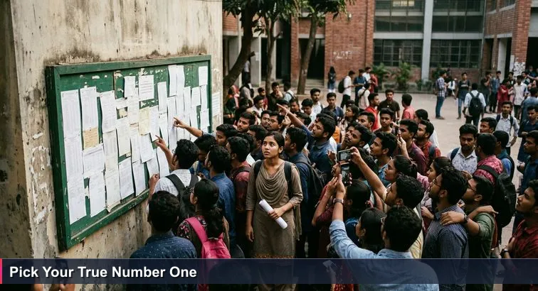 Students crowd a sun-faded Dhaka college notice board reading 'Merit List - Top 10'; some on tiptoe, others holding phones to zoom in, faces hopeful and anxious.