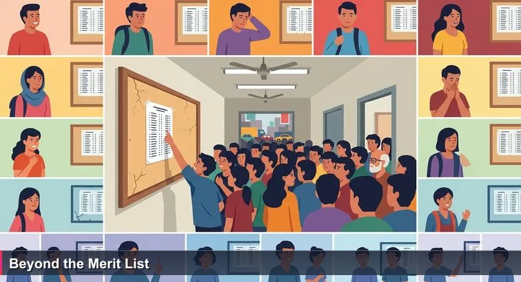 Students crowd a cracked Dhaka University noticeboard to scan a taped A4 merit list, fans whirring and Shahbagh traffic visible through a window.