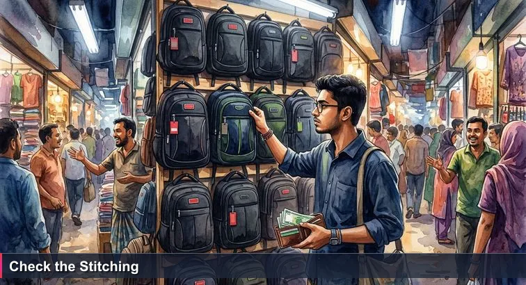 Student in Dhaka’s Gausia Market testing the stitching of a backpack while holding folded 500 BDT notes, surrounded by shopkeepers and ‘No.1’ tags.