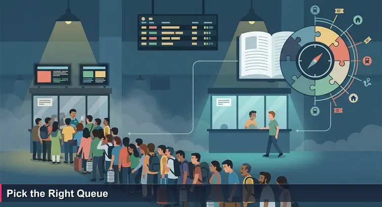 Pre-dawn Kamalapur Railway Station with a crowded ticket queue and a nearby almost-empty AC counter reading 'Available', illustrating busy versus quiet hiring queues.