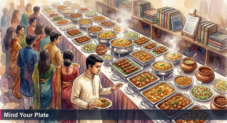 Overhead shot of a crowded Dhaka wedding buffet: steam rising from large biryani deghs, colourful kebabs on trays, and a young guest in a simple panjabi holding an overloaded plate hesitating.