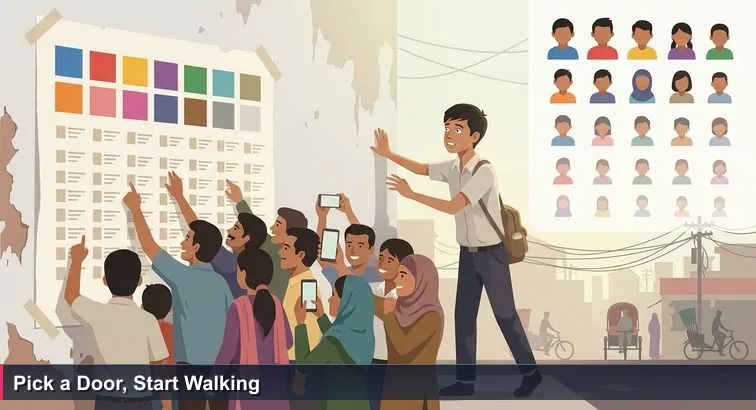 A humid Dhaka morning outside a school gate; a crumpled SSC results printout taped to a wall, a crowded group of parents and students, and one boy in a faded uniform searching the “Top 10” section.