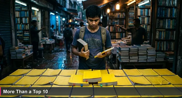 A damp Nilkhet footpath at dusk with yellow ‘Top 10’ suggestion booklets, a nervous BUET-styled student holding a thick textbook and a slim guide amid tube lights and rain.