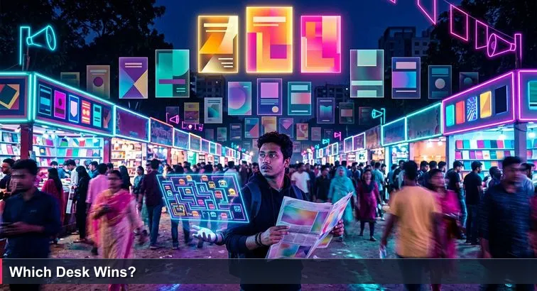 Twilight Ekushey Boi Mela scene in Dhaka with crowded brightly lit stalls; foreground shows a young founder holding a folded ‘Top 10’ list and a map, looking unsure amid the crowd.