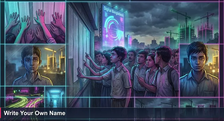 A humid Dhaka afternoon outside a Farmgate coaching centre; students crowd a dusty noticeboard while a distant Hi-Tech Park crane and a Digital Bangladesh billboard rise behind them.