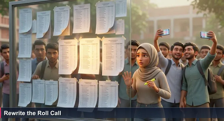 Crowded BUET notice board scene: a young woman in a hijab scans roll numbers with a yellow highlighter while others celebrate nearby, capturing tension and possibility.