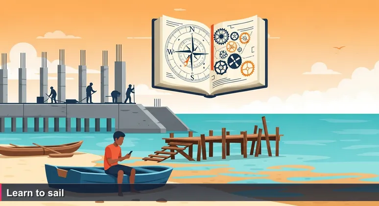 A young man sits on an overturned dinghy at dawn, watching construction workers build a concrete wharf, with an old jetty exposed at low tide and a canoe on the beach.