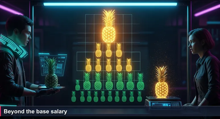 A vendor at Gordons Market in Port Moresby holds two pineapples on a scale, one ripe and golden, the other dull green, illustrating the hidden value of total compensation.